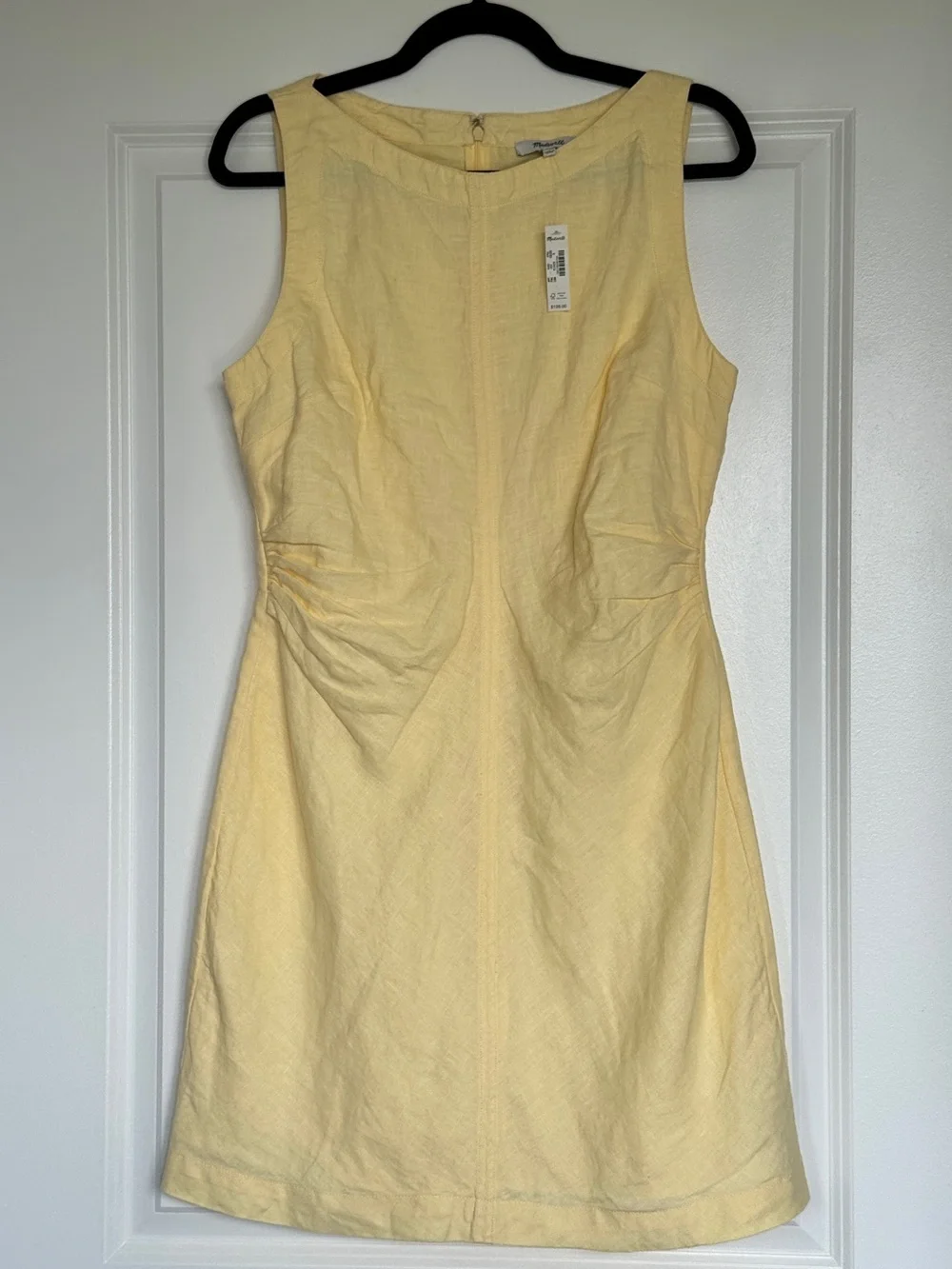 NWT MADEWELL Boatneck Shirred Mini Dress 100% Linen Candlelight 8 Butter Yellow - Picture 2 of 15